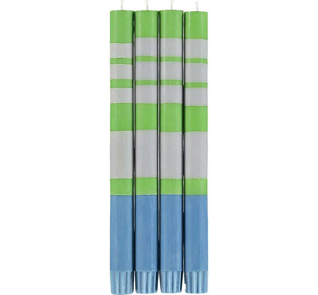 BRITISH COLOUR STANDARD - 25cm / 10'' H Striped Nanking Blue, Grass Green & Willow Grey Eco Dinner Candles, Gift Box of 4