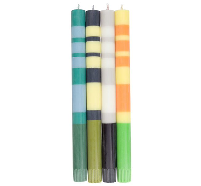 BRITISH COLOUR STANDARD - 25cm / 10'' H  - STRIPED Greens & Yellows Pack Eco Dinner Candles, Mixed Gift Box of 4