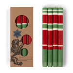 BRITISH COLOUR STANDARD - 25cm / 10'' H  - STRIPED Holiday Set -  Oriental Red, Emerald and Pearl White Eco Dinner Candles, Gift Box of 4