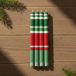 BRITISH COLOUR STANDARD - 25cm / 10'' H  - STRIPED Holiday Set -  Oriental Red, Emerald and Pearl White Eco Dinner Candles, Gift Box of 4