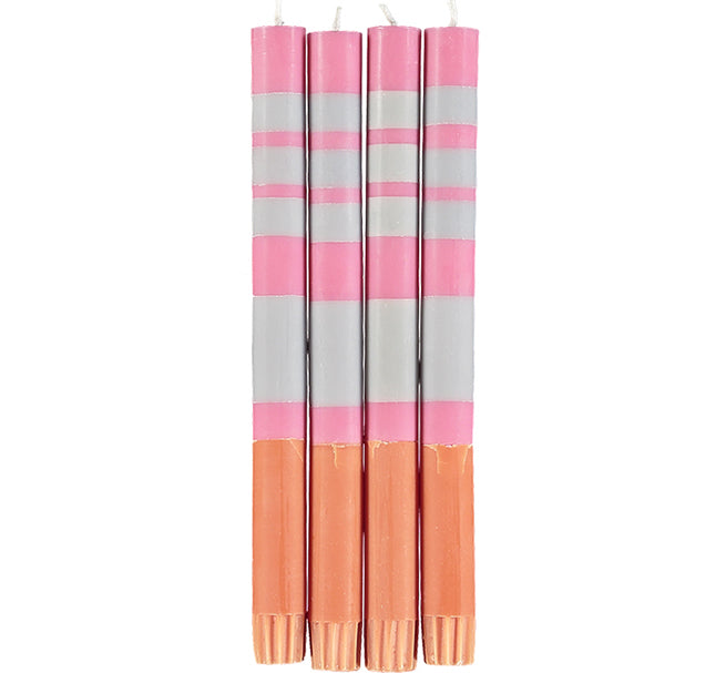 BRITISH COLOUR STANDARD - 25cm / 10'' H Striped Orange Flame, Willow & Neyron Rose Eco Dinner Candles, Gift Box of 4