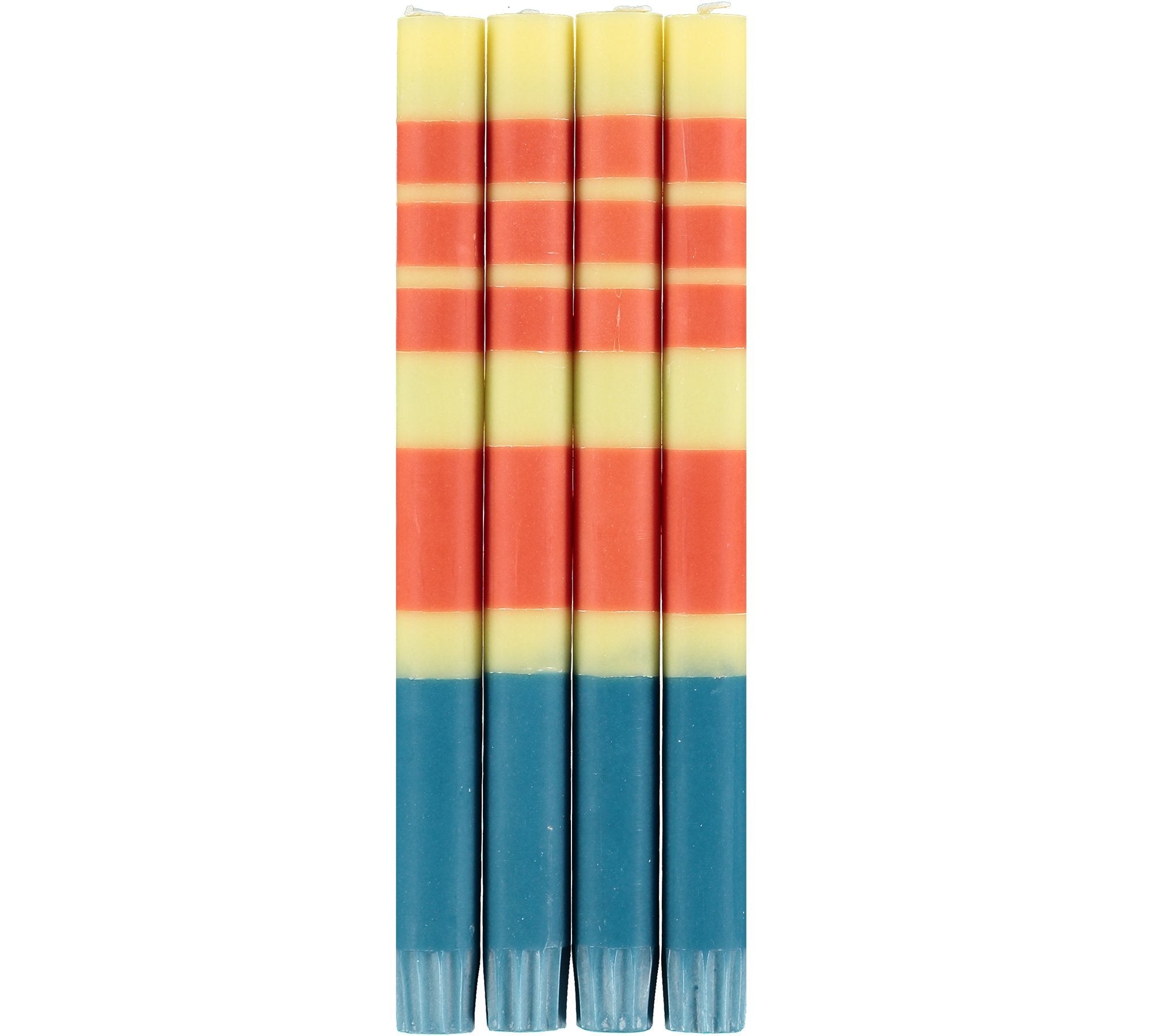 BRITISH COLOUR STANDARD - 25cm / 10'' H Striped Jasmine, Rust and Petrol Blue Eco Dinner Candles, Gift Box of 4