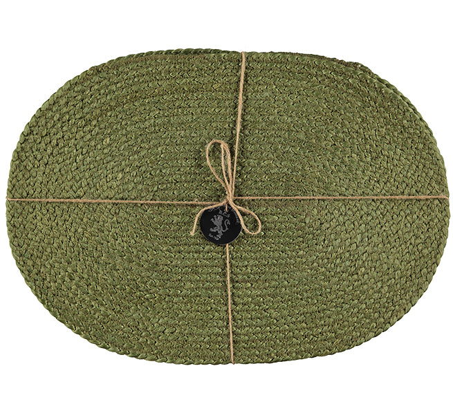 BRITISH COLOUR STANDARD - Silky Jute Oval Placemats in Leek Green, Tied Set of 2 Mats, 11.8" x 16.5''