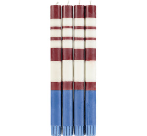 BRITISH COLOUR STANDARD - 25cm / 10'' H Striped Guardsman Red, Pearl & Royal Blue Eco Dinner Candles, Gift Box of 4