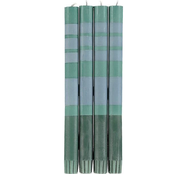 BRITISH COLOUR STANDARD - 25cm / 10'' H Striped Beryl Green, Bokhara & Moonstone Eco Dinner Candles, Gift Box of 4