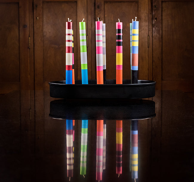 BRITISH COLOUR STANDARD - 25cm / 10'' H Striped Striped Jet Black, Orange Flame, Neyron & Sulphur Yellow Flame Eco Dinner Candles,  Gift Box of 4