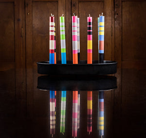BRITISH COLOUR STANDARD - 25cm / 10'' H Striped Striped Jet Black, Orange Flame, Neyron & Sulphur Yellow Flame Eco Dinner Candles,  Gift Box of 4