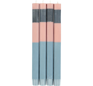 BRITISH COLOUR STANDARD - 25cm / 10'' H ABSTRACT Striped Old Rose, Pompadour & Indigo Eco Dinner Candles, Gift Box of 4