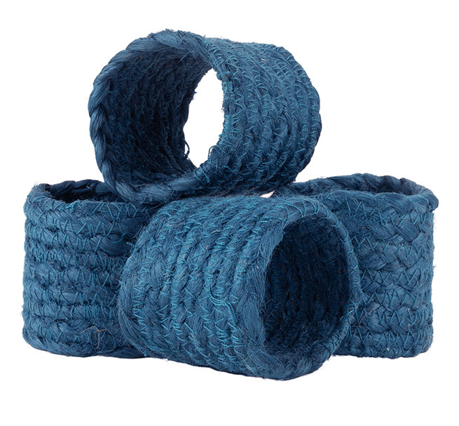 BRITISH COLOUR STANDARD - Silky Jute Napkin Rings in Petrol Blue, Tied Set of 4, 1.9'' D
