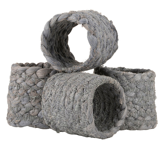 BRITISH COLOUR STANDARD - Silky Jute Napkin Rings in Moonstone Grey, Tied Set of 4, 1.9'' D