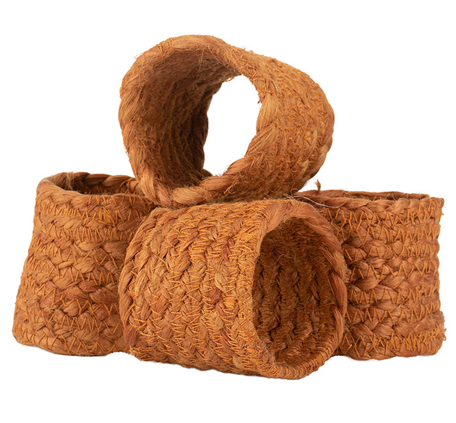 BRITISH COLOUR STANDARD - Silky Jute Napkin Rings in Cinnamon, Tied Set of 4, 1.9'' D