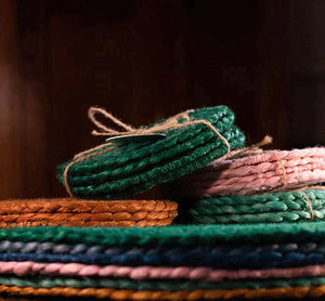 BRITISH COLOUR STANDARD - Silky Jute Napkin Rings in Eau-de-Nil, Tied Set of 4, 1.9'' D