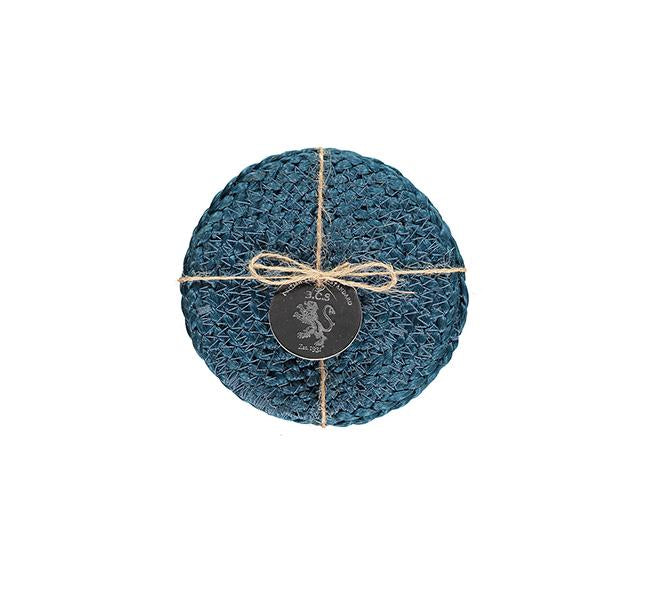 BRITISH COLOUR STANDARD - Silky Jute Coasters in Petrol Blue, Tied Set of 4, 4.7'' D