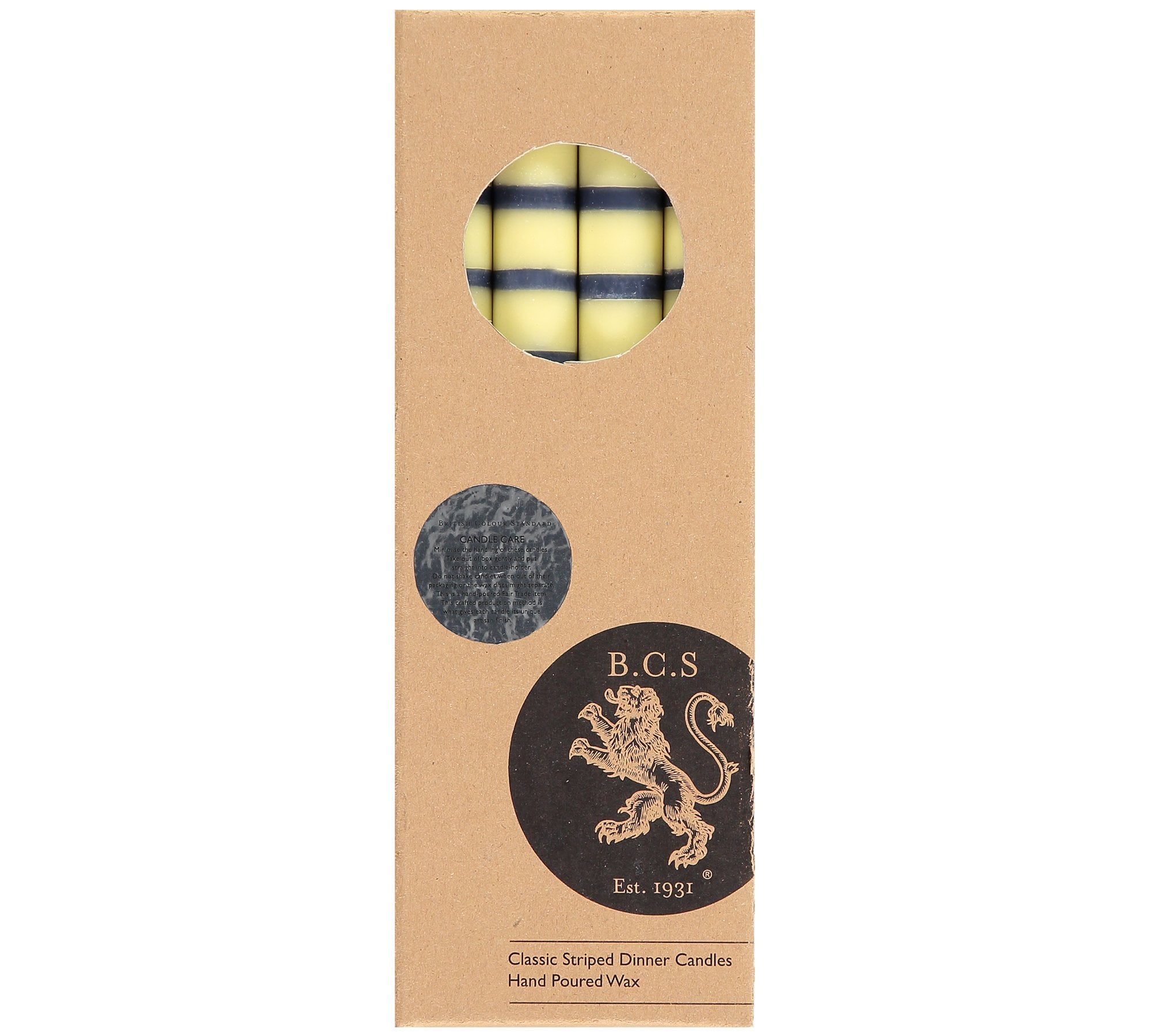 BRITISH COLOUR STANDARD - 25cm / 10'' H Striped Indigo, Jasmine & Olive Eco Dinner Candles, Gift Box of 4