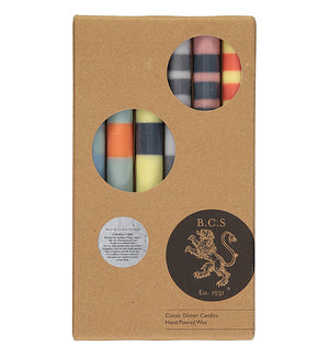 BRITISH COLOUR STANDARD - 25cm / 10'' H  - STRIPED Mixed Pack of all 3 Stripes Eco Dinner Candles, Gift Box of 6
