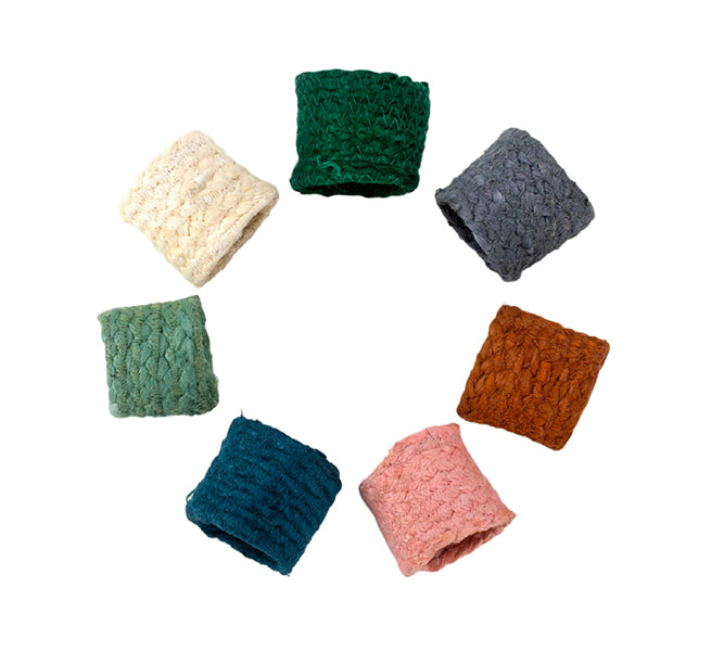BRITISH COLOUR STANDARD - Silky Jute Napkin Rings in Petrol Blue, Tied Set of 4, 1.9'' D